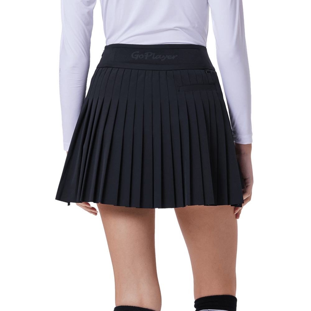 GoPlayer レディース 伸縮性ハイウエストプリーツスカート (ブラック)