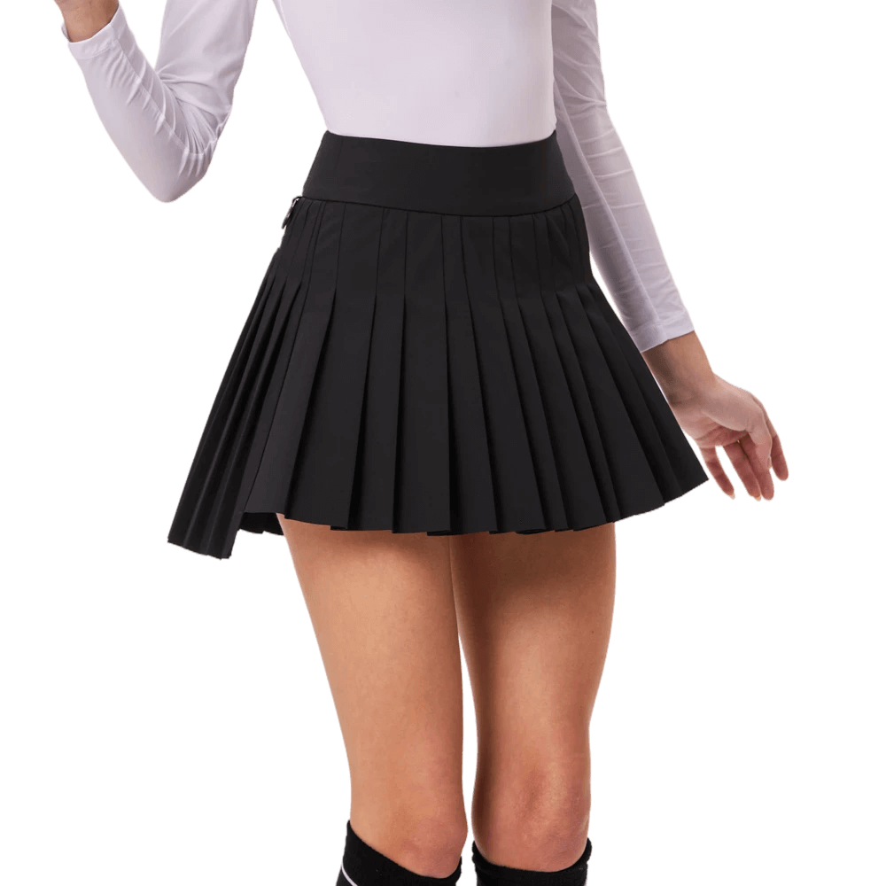 GoPlayer レディース 伸縮性ハイウエストプリーツスカート (ブラック)