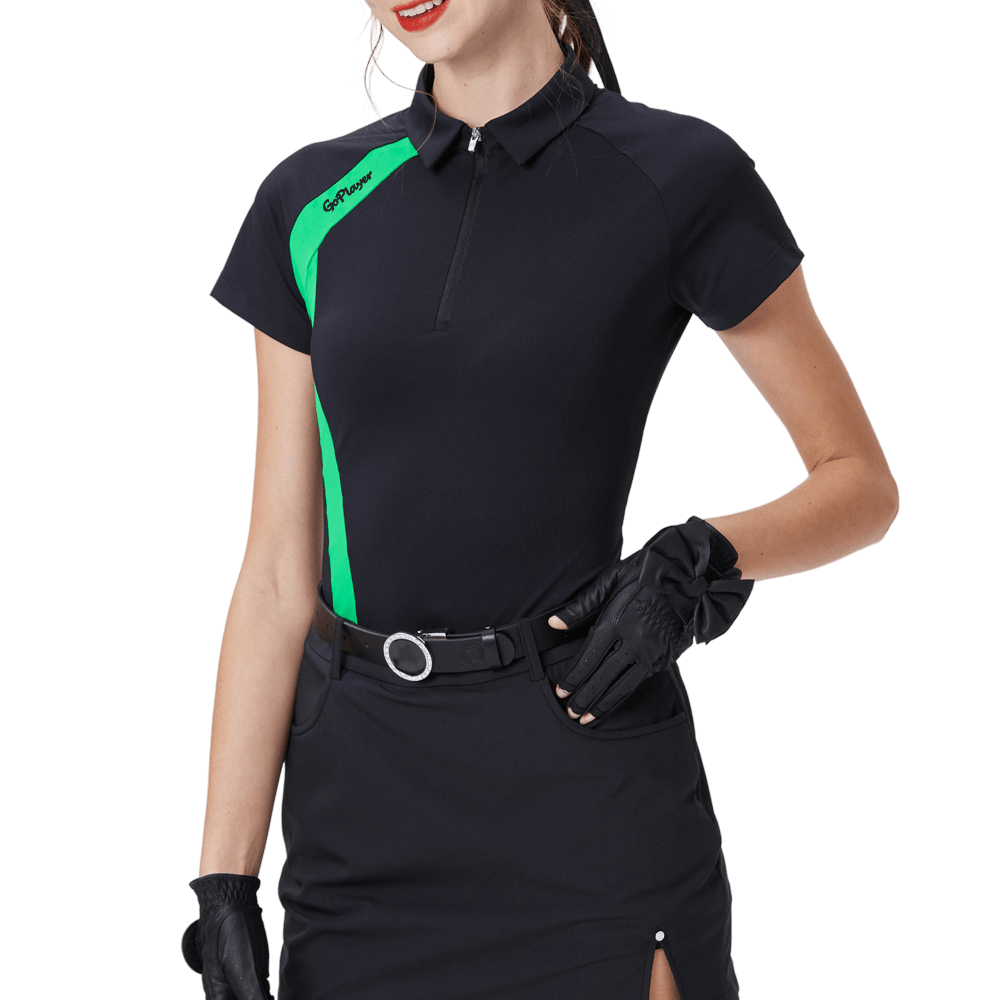 GoPlayer レディース ゴルフ カラーブロック 半袖Tシャツ (ブラック)