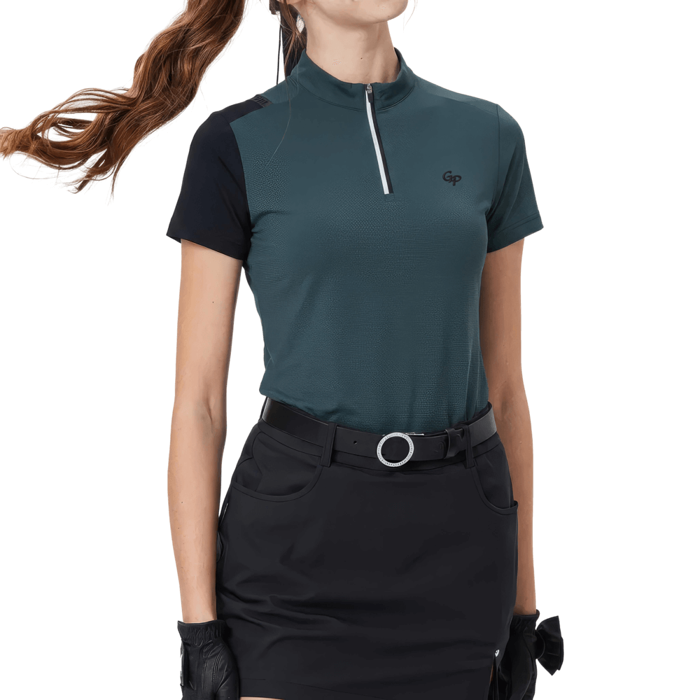 GoPlayer レディース スタンドカラー ゴルフ 半袖Tシャツ (ダークグリーン)