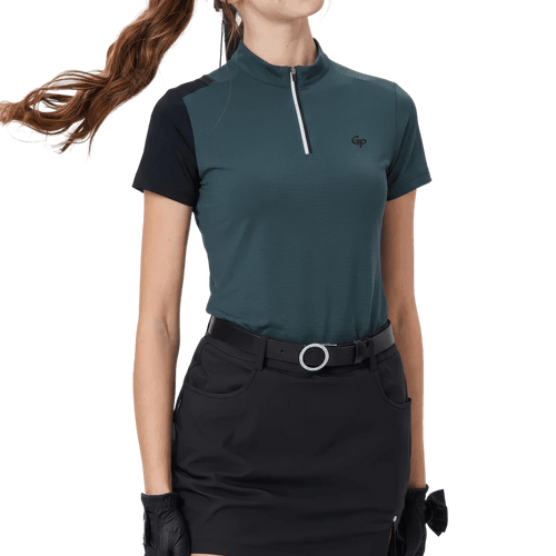 GoPlayer レディース スタンドカラー ゴルフ 半袖Tシャツ (ダークグリーン)