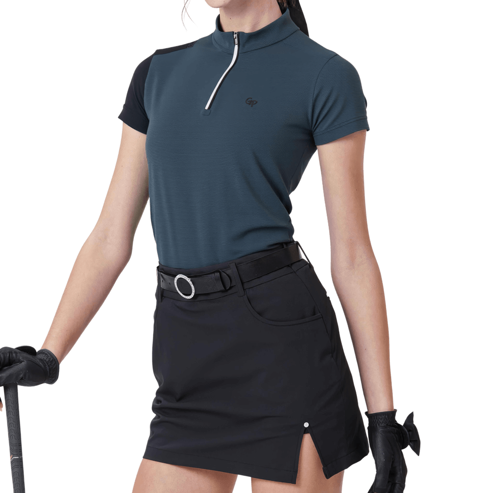 GoPlayer レディース スタンドカラー ゴルフ 半袖Tシャツ (ダークグリーン)