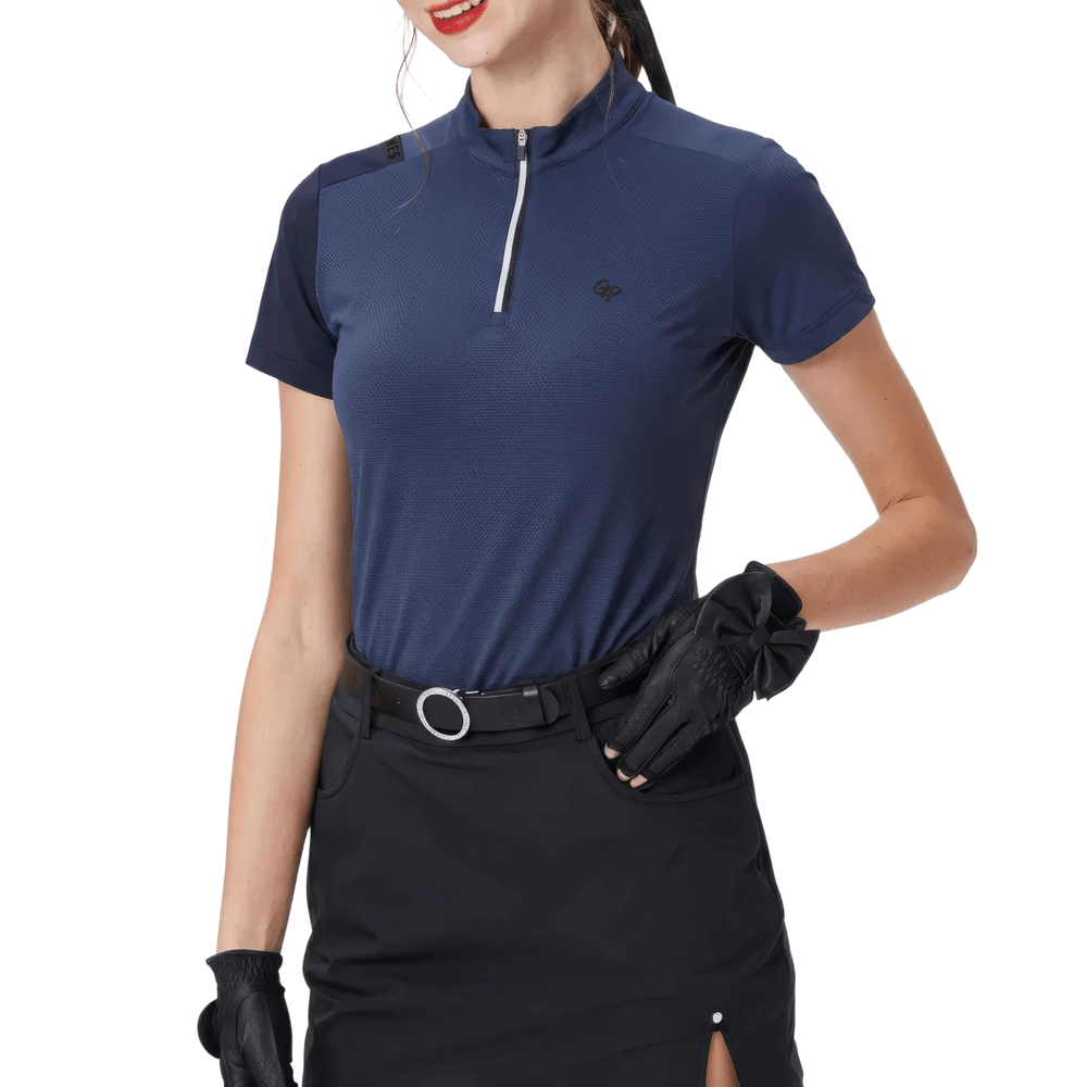 GoPlayer レディース スタンドカラー ゴルフ 半袖Tシャツ (ネイビーブルー)
