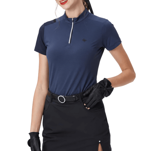 GoPlayer レディース スタンドカラー ゴルフ 半袖Tシャツ (ネイビーブルー)