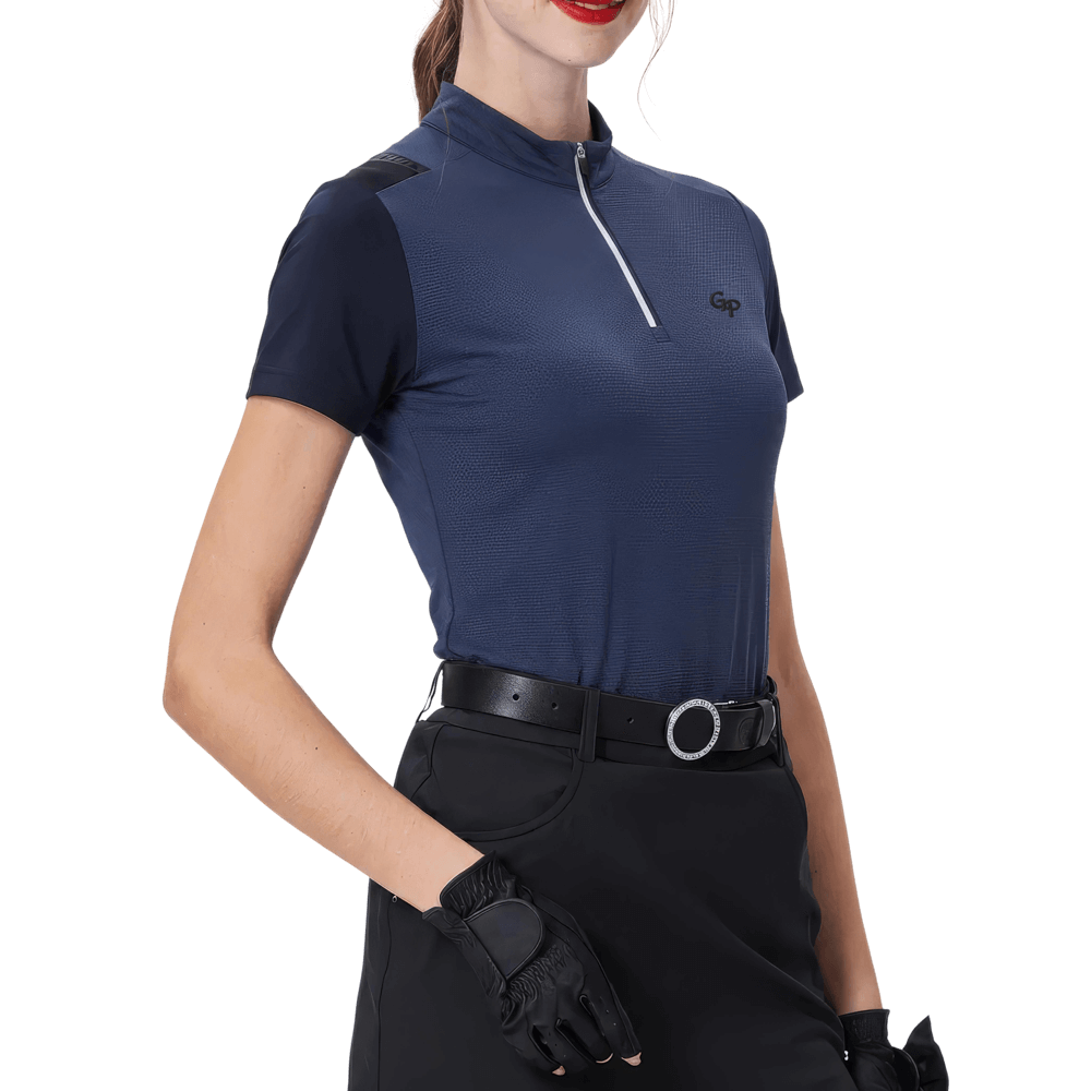 GoPlayer レディース スタンドカラー ゴルフ 半袖Tシャツ (ネイビーブルー)