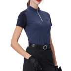 GoPlayer レディース スタンドカラー ゴルフ 半袖Tシャツ (ネイビーブルー)