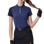 GoPlayer レディース スタンドカラー ゴルフ 半袖Tシャツ (ネイビーブルー)