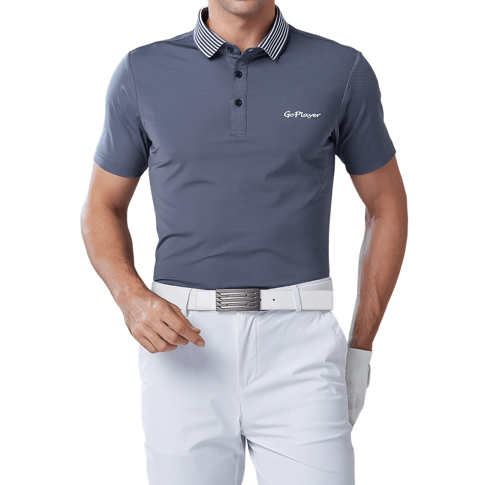 GoPlayer Men's Elastic Quick Dry Short Sleeve Top (Striped Collar Gray)