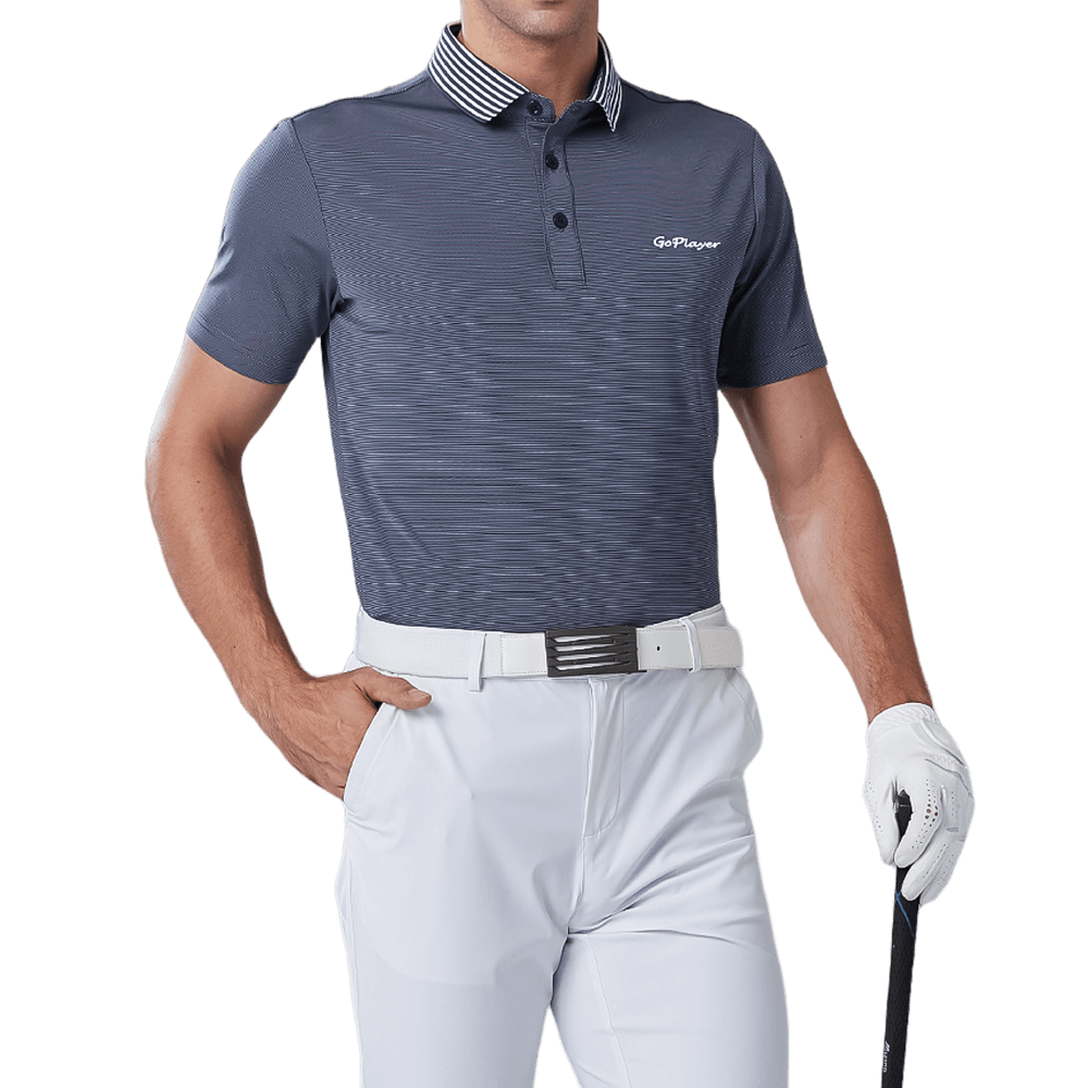 GoPlayer Men's Elastic Quick Dry Short Sleeve Top (Striped Collar Gray)