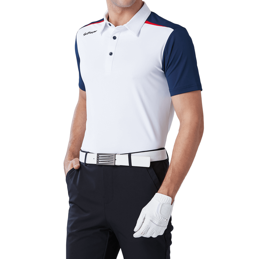 GoPlayer メンズ 伸縮性速乾半袖トップス (ホワイトボディ、ブルースリーブ)