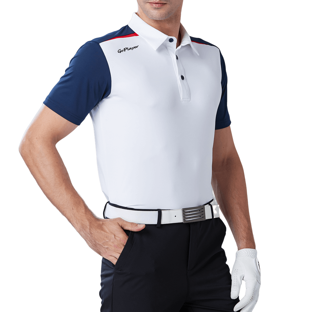 GoPlayer メンズ 伸縮性速乾半袖トップス (ホワイトボディ、ブルースリーブ)