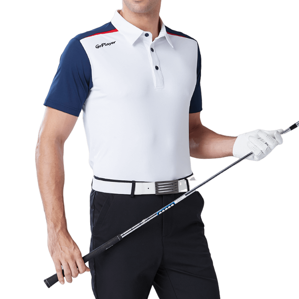GoPlayer メンズ 伸縮性速乾半袖トップス (ホワイトボディ、ブルースリーブ)