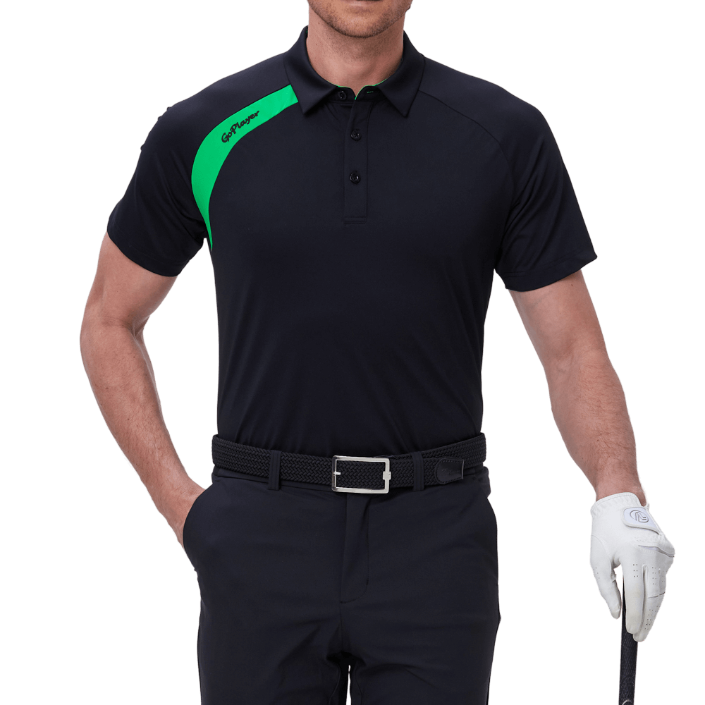 GoPlayer メンズ ゴルフ カラーブロック 半袖 Tシャツ (ブラック)