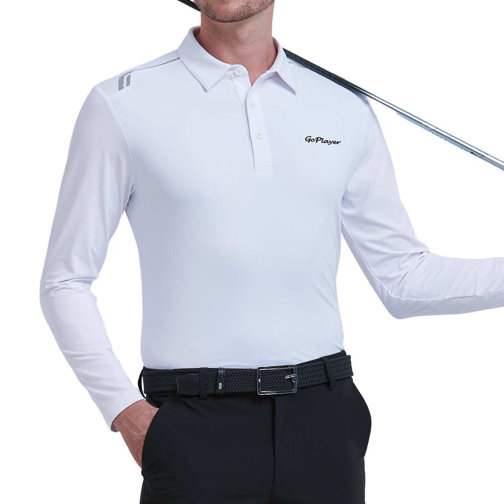 GoPlayer Men's Quick-Dry UV Protection Long-Sleeve Polo Shirt (White)
