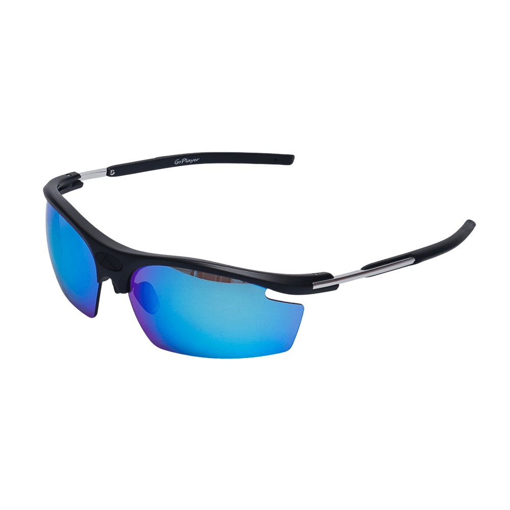 GoPlayer 軽量サングラス（サンドブラックフレーム、ホワイト＆ブルーレンズ）