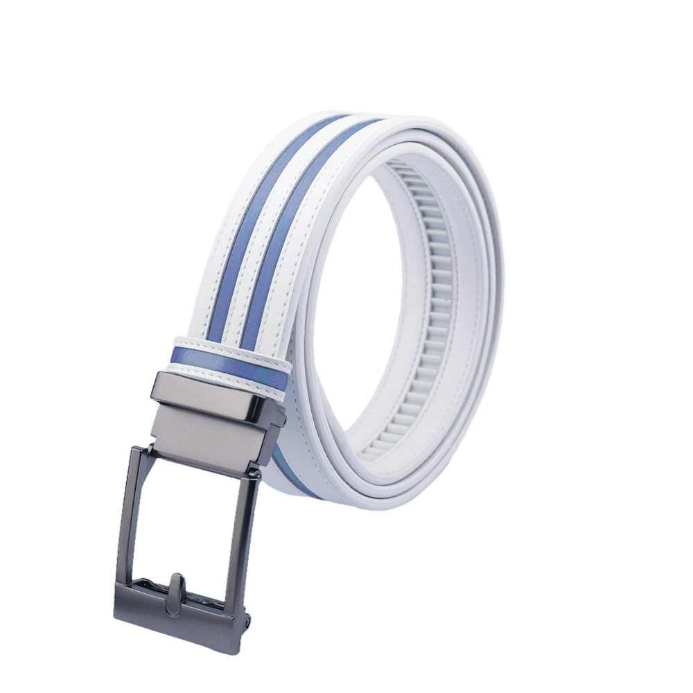 GoPlayer wide automatic buckle belt (white leather with double light blue stripes)