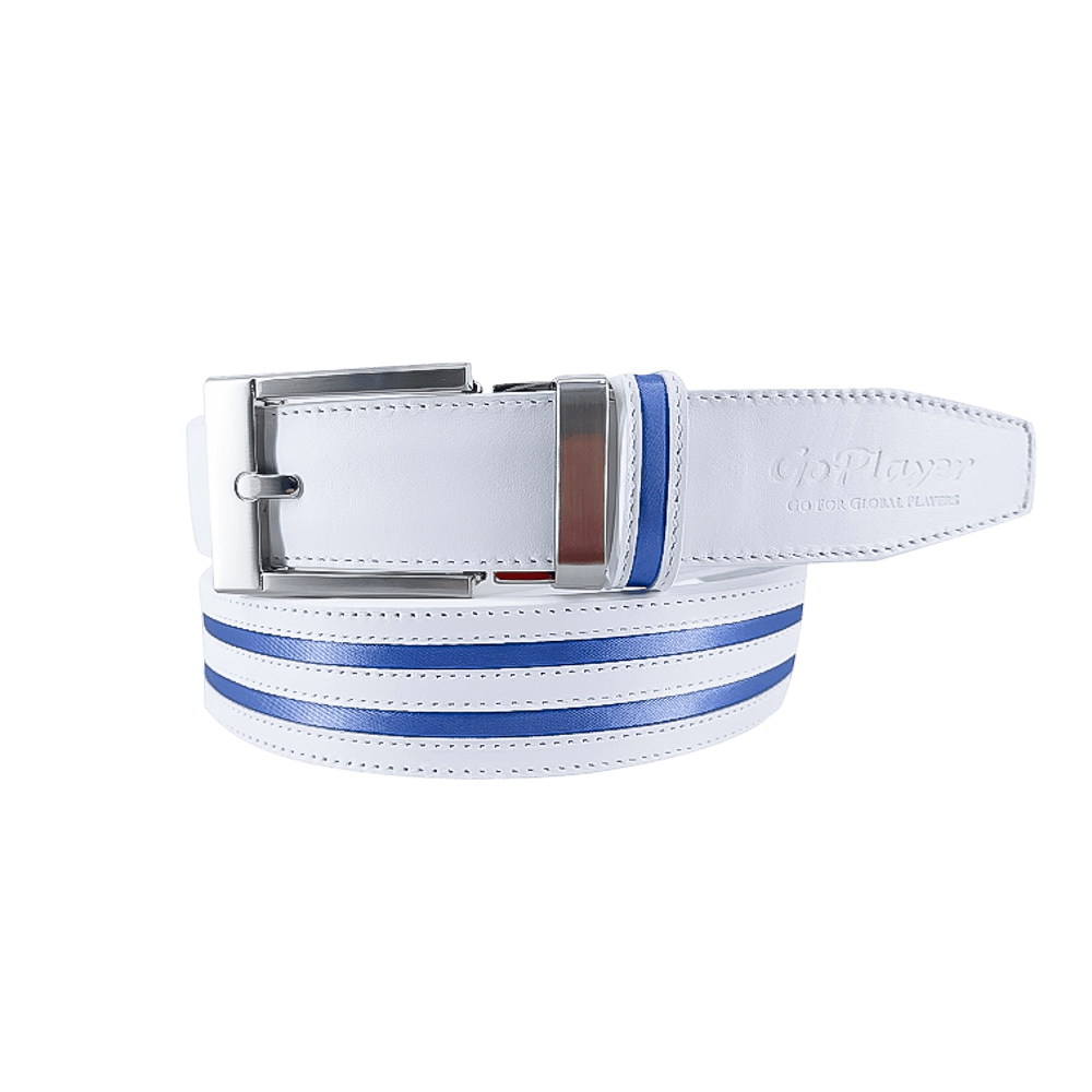 GoPlayer ワイド自動バックルベルト（ホワイトレザーにダークブルーのダブルストライプ）