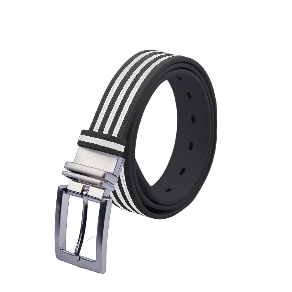 GoPlayer 35mm 両面バックルベルト (黒/黒と白のストライプ)