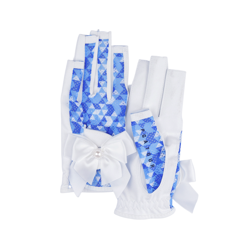 PGA TOUR Women's Golf Fingerless Bow Gloves (White and Blue)
