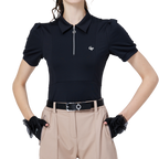 レディース ジップアップカラー 半袖トップス（ブラック）