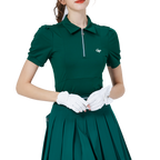 Women's short-sleeved top with zip-up collar (dark green)