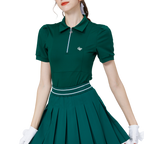 Women's short-sleeved top with zip-up collar (dark green)