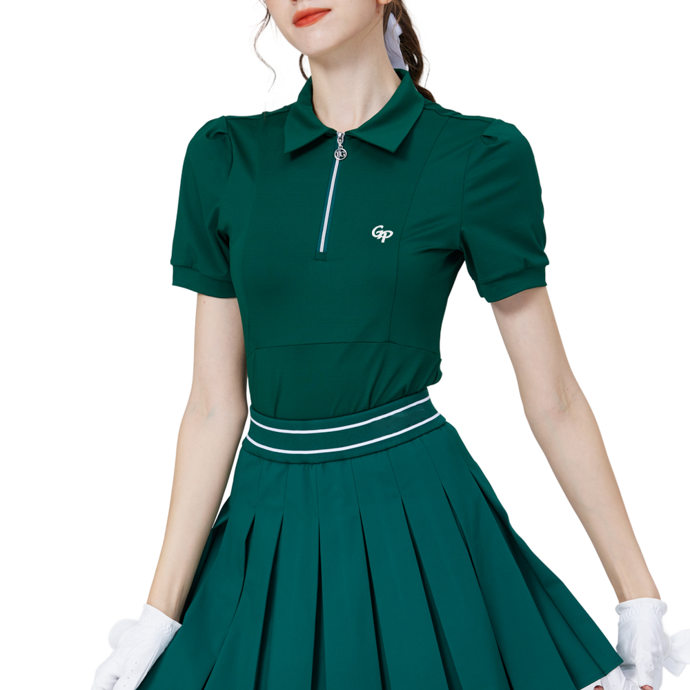 拉鍊翻領女短袖上衣(墨綠)