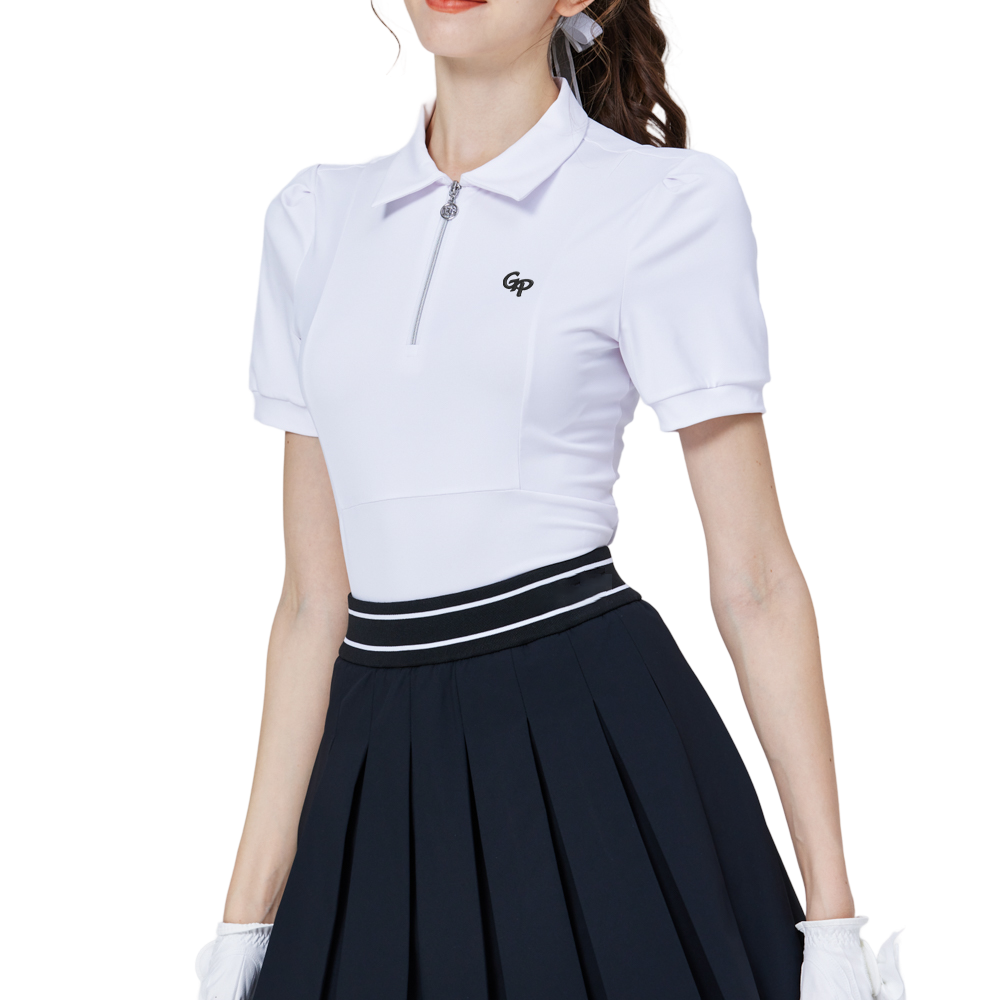 拉鍊翻領女短袖上衣(白)