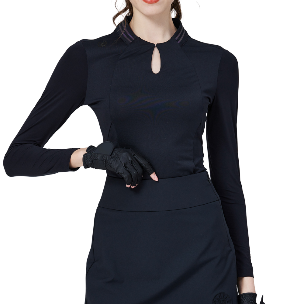 Cooling stand-up collar ice silk sun-protective raglan sleeve women's top (black)