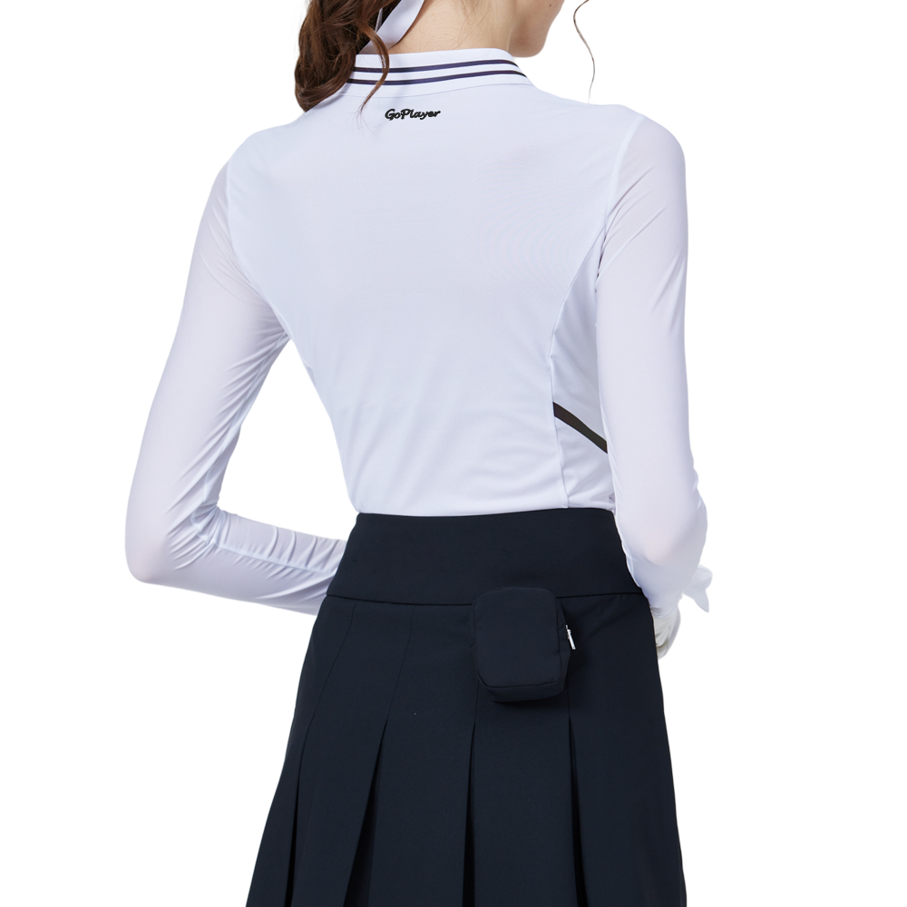 涼感スタンドカラー、アイスシルク、日焼け防止ラグランスリーブレディーストップス（ホワイト）