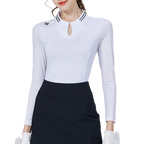 涼感スタンドカラー、アイスシルク、日焼け防止ラグランスリーブレディーストップス（ホワイト）