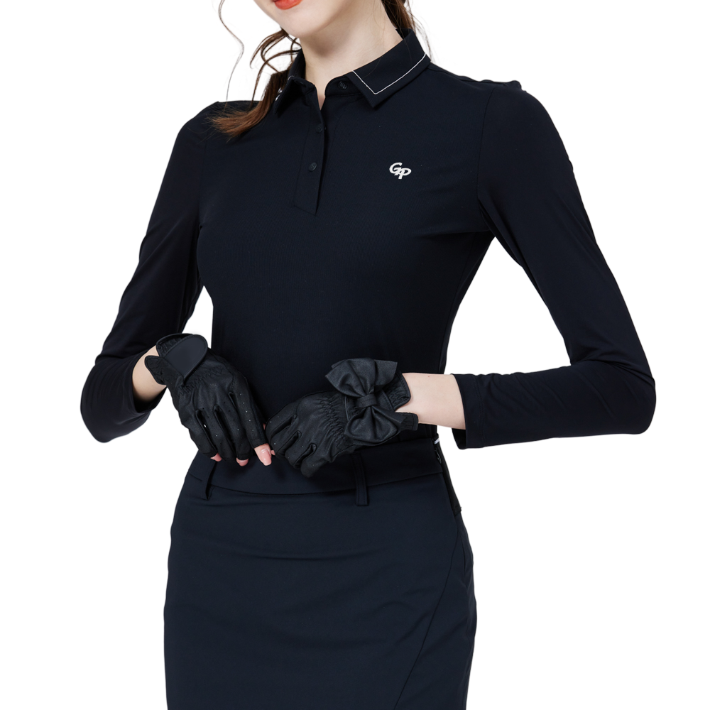 珠鏈領冰絲防曬連袖女上衣(黑)