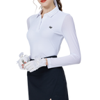 Women's white ice silk sun-protective raglan sleeve top with beaded collar.