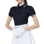 ダイヤモンド柄ジャカードとリブネックのレディース半袖トップス（ブラック）