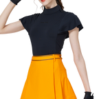 Women's short-sleeved top with wavy sleeves and a stand collar (black)
