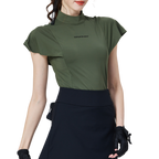 ウェーブスリーブとスタンドカラーのレディース半袖トップス（ミリタリーグリーン）