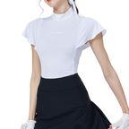 White short-sleeved top with wavy sleeves and a stand-up collar.