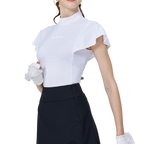 White short-sleeved top with wavy sleeves and a stand-up collar.