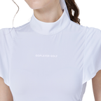 White short-sleeved top with wavy sleeves and a stand-up collar.