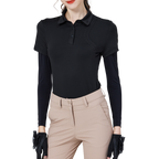 Women's short-sleeved top with beaded collar and silky trousers (black)