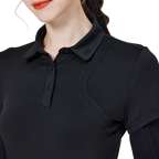 Women's short-sleeved top with beaded collar and silky trousers (black)