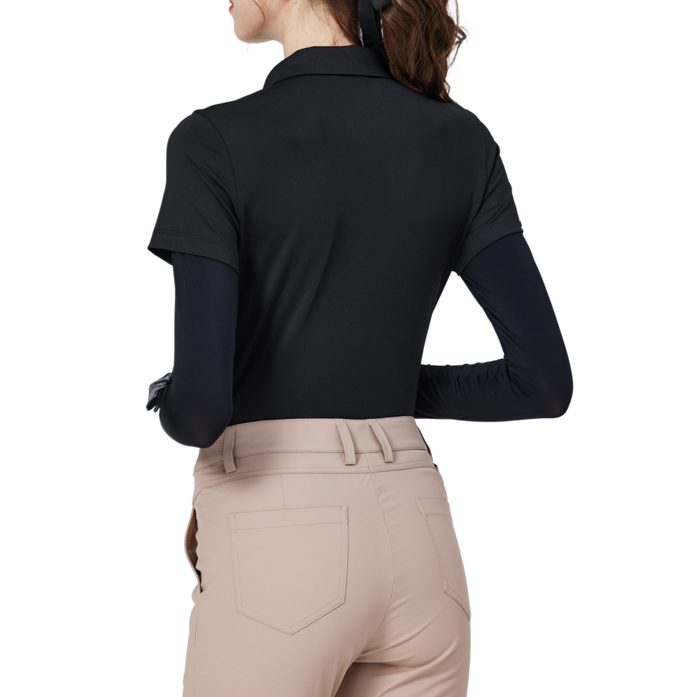 燙珠翻領絲光連袖短袖女上衣(黑)