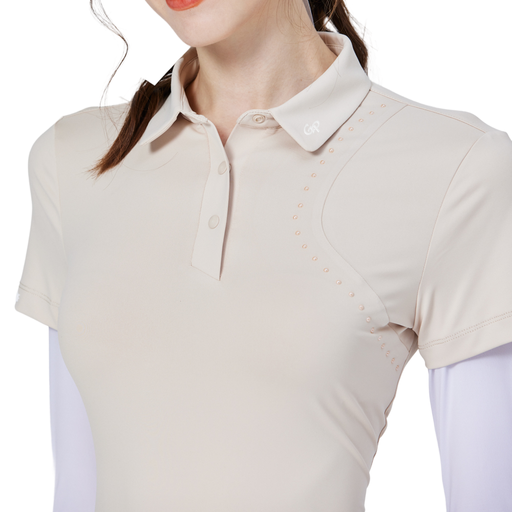 燙珠翻領絲光連袖短袖女上衣(卡其)