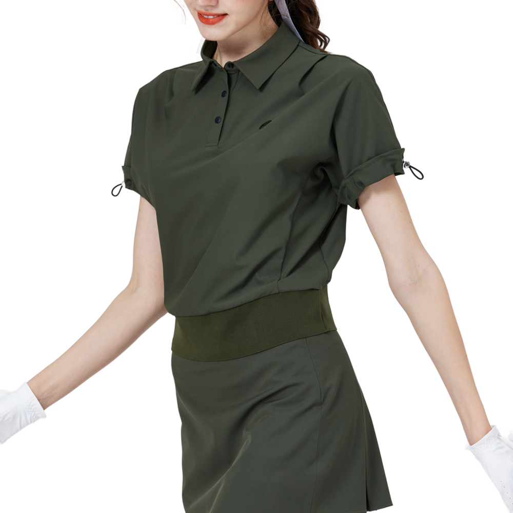 休閑長版寬鬆女短袖上衣(軍綠)