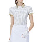 レディース ストライプカラー半袖トップス（カーキ）