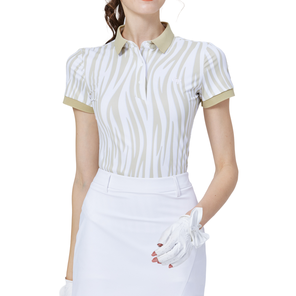 Striped collared short-sleeved top for women (khaki)