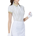 レディース ストライプカラー半袖トップス（カーキ）