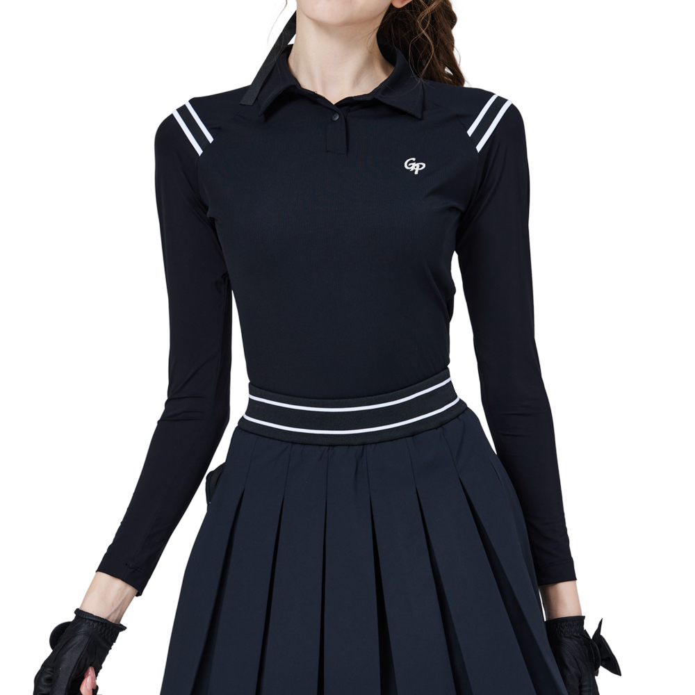 ストライプのショルダーパネルと日焼け防止のアイスシルクスリーブが付いたレディースブラックトップス