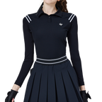 ストライプのショルダーパネルと日焼け防止のアイスシルクスリーブが付いたレディースブラックトップス