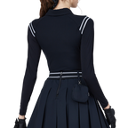 ストライプのショルダーパネルと日焼け防止のアイスシルクスリーブが付いたレディースブラックトップス